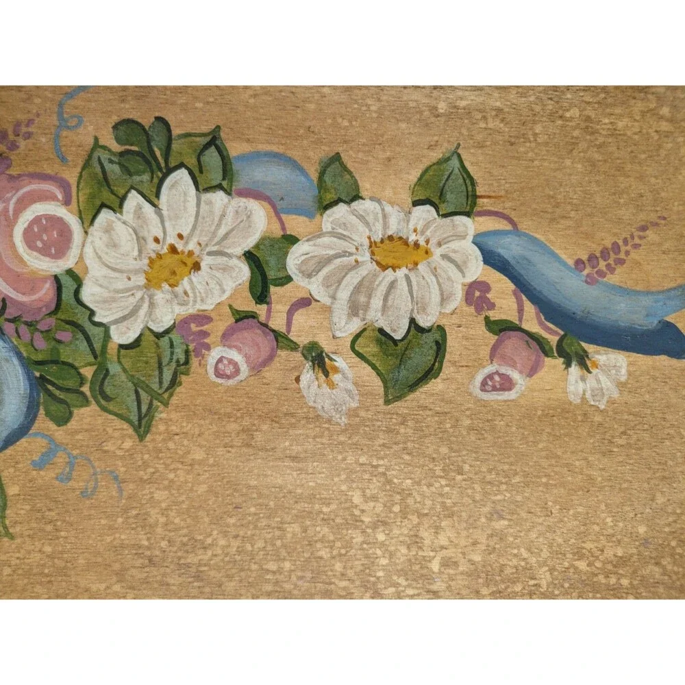 Vintage 80s Hand Painted Floral Wood Serving Tray Handles Art Cottagecore 11x17
